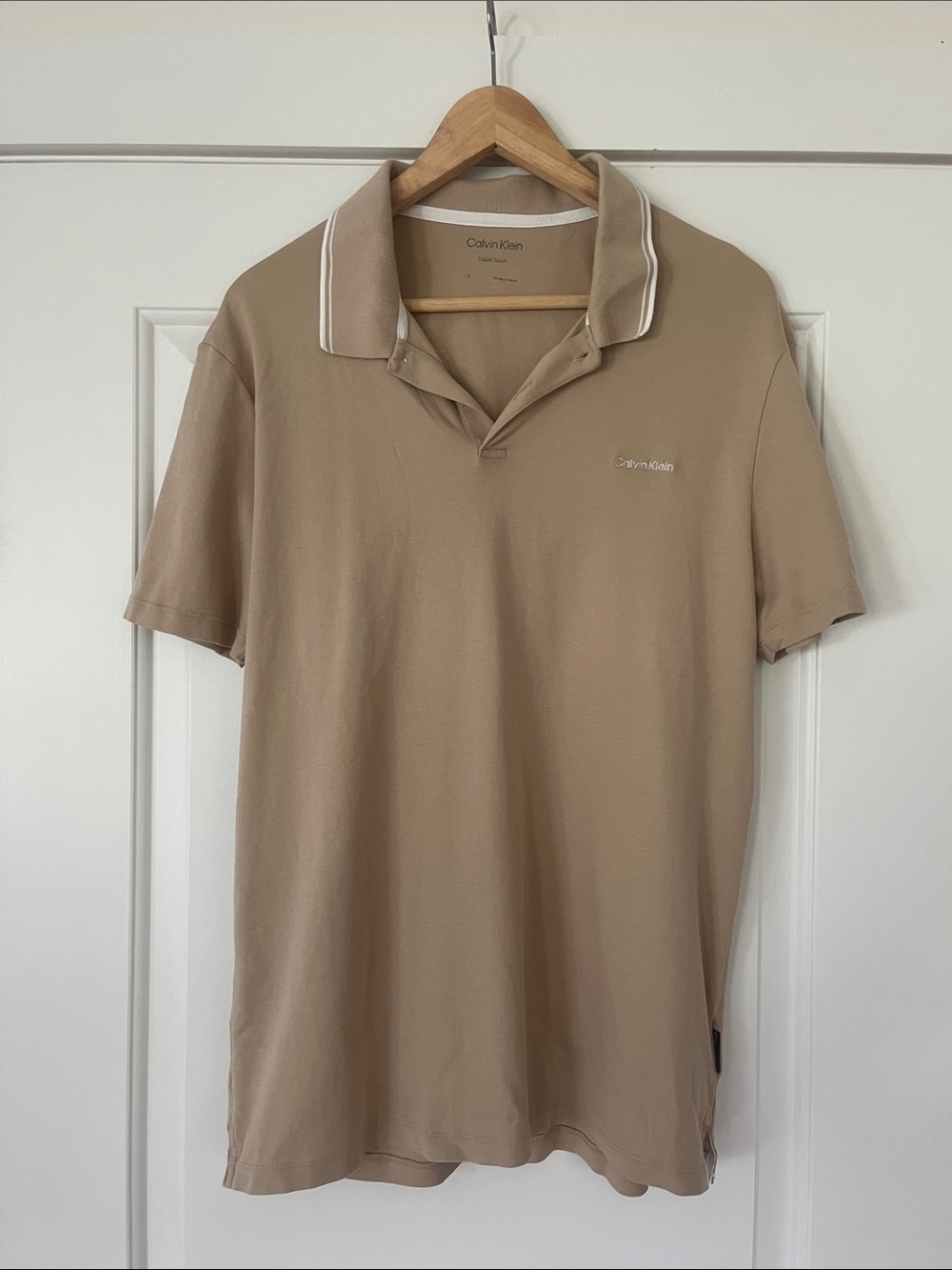 Calvin Klein Men's Tan Polo with Contrast-Trim Collar Size L